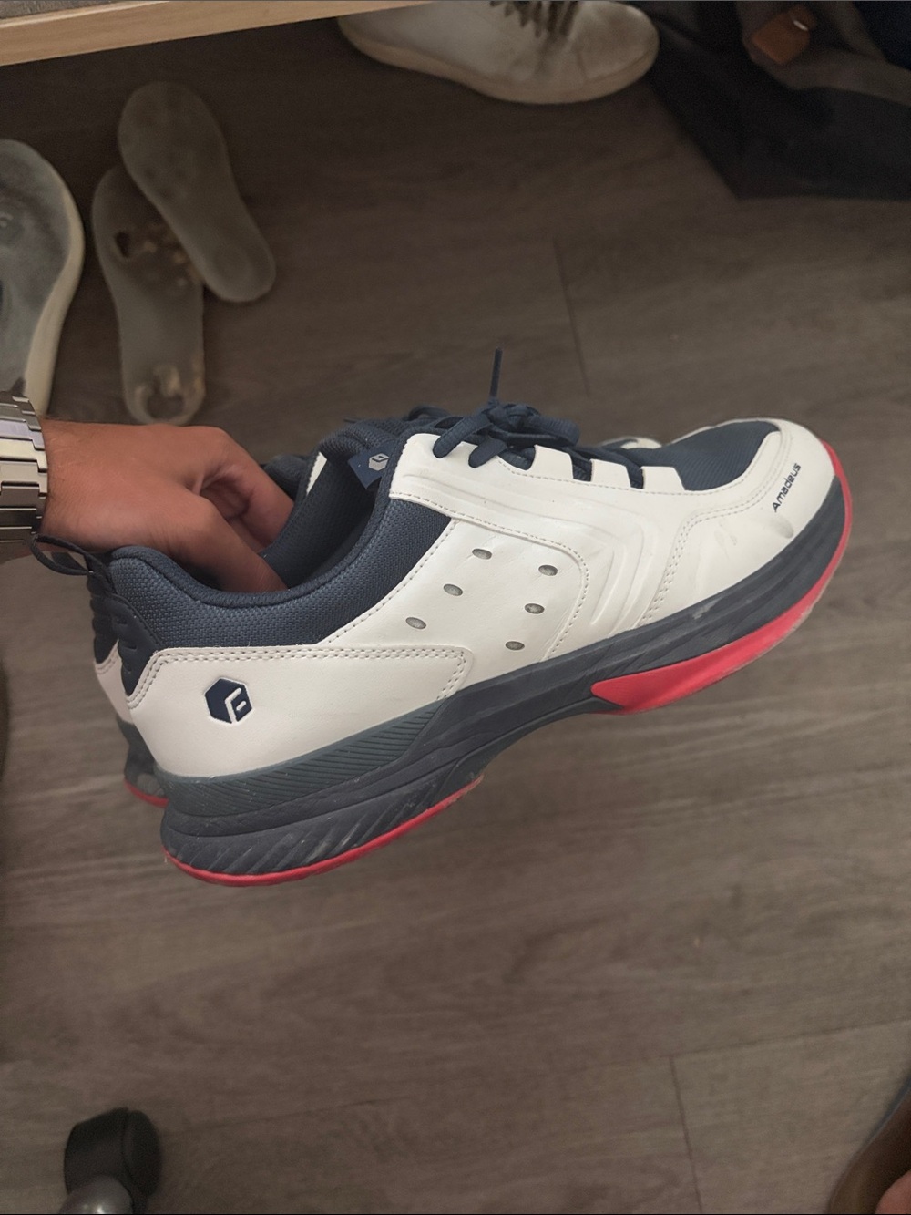 Men's Tennis Athletic Lace-Up Trainer - White Navy with Red Accents 🎾